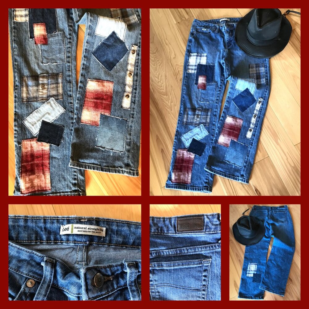 Upcycled Flannel Patchwork Jeans, Distressed Denim & Plaid Patches, Size 10P - Picture 12 of 12